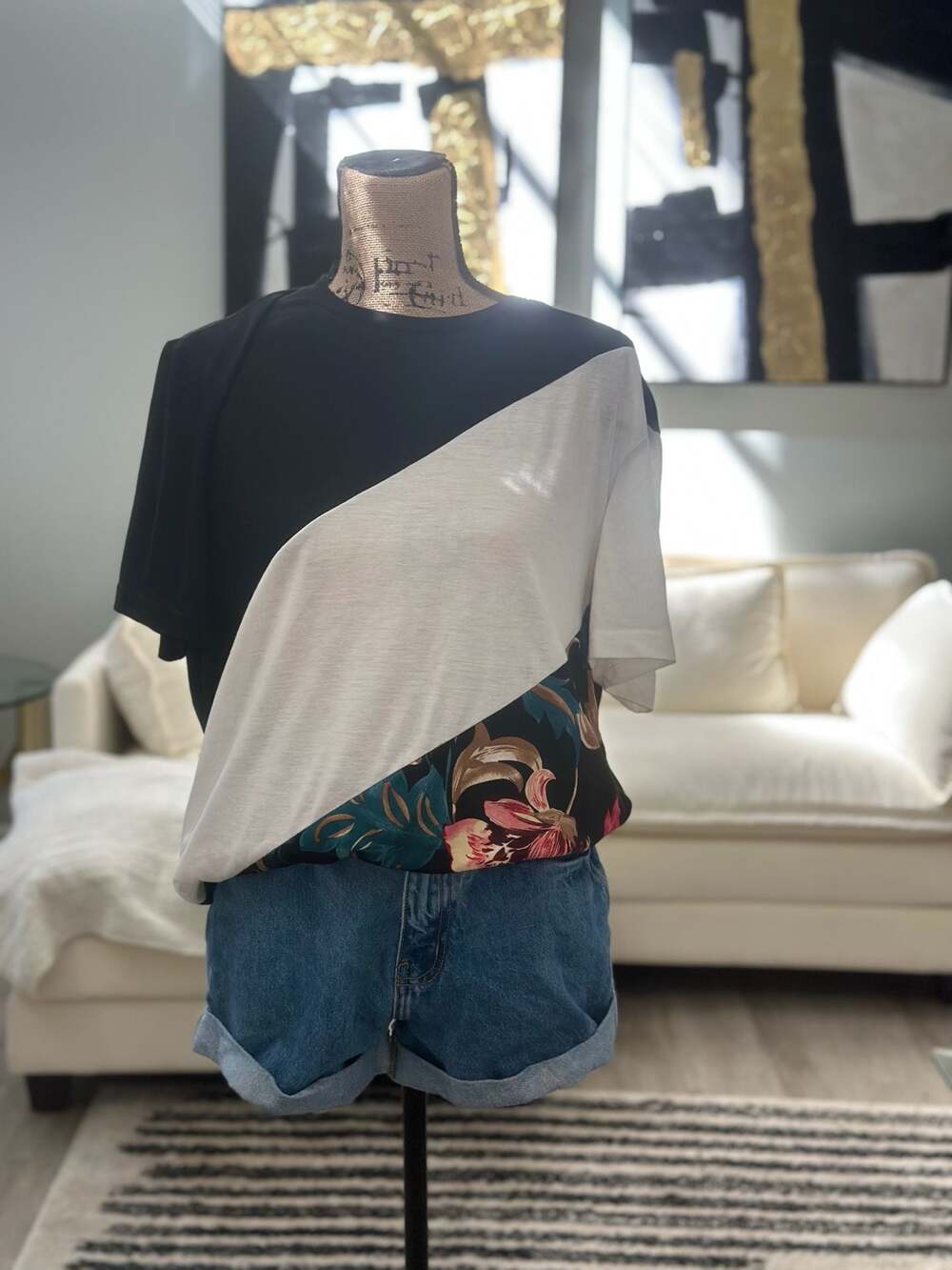 SHEIN Colorblock Floral Graphic T-Shirt Size L